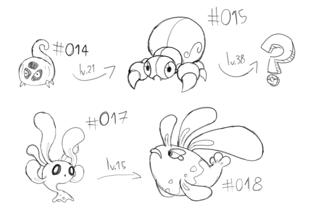 Some fakemon based on the brown recluse spider and the cochayuyo kelp