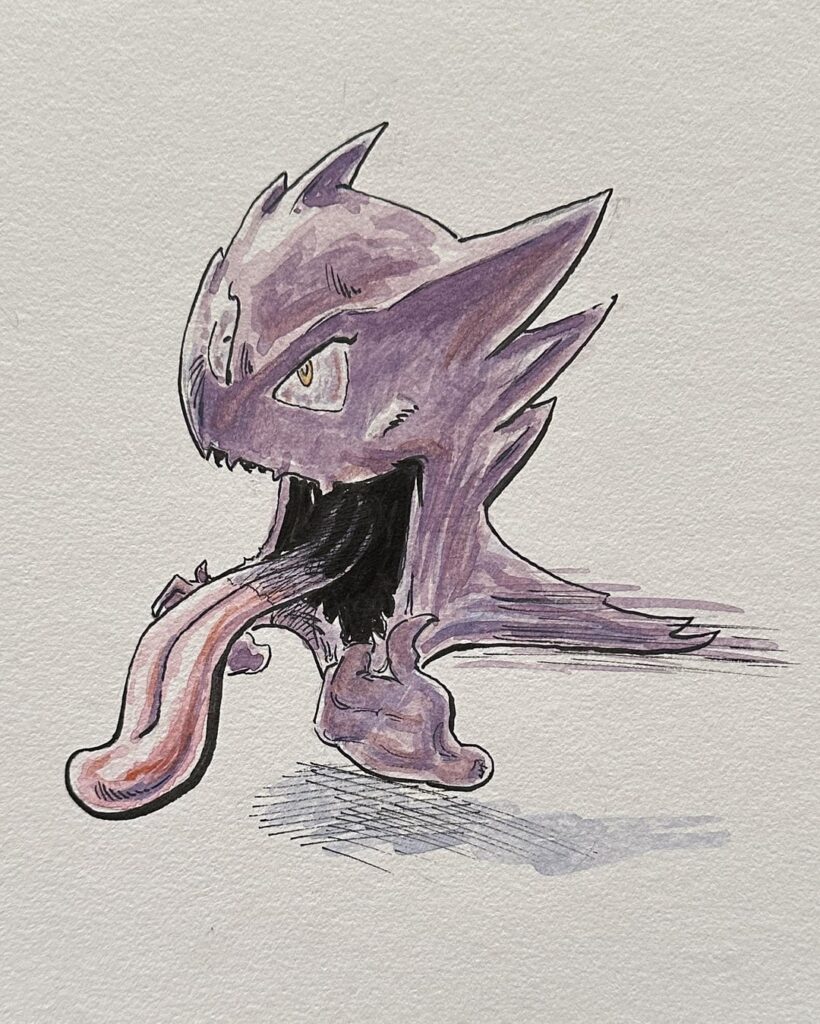 Took out my watercolors with a bit of pen and ink and painted Haunter doing his best scary face.
