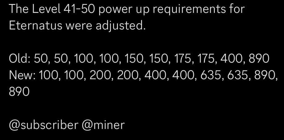 Power up costs for Eternatus lvl 41-50 increased, more than doubled on some levels.