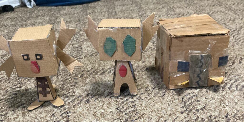 My Cardboard Sableye and Paldean Wooper and my Little Sister’s Cardboard Charjabug