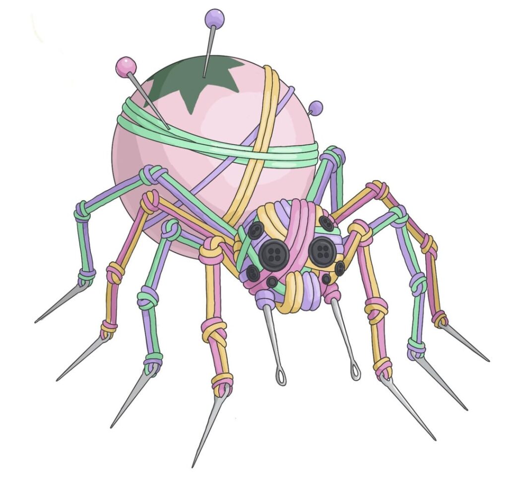 Arachneedle and Draculito - two bugs I made recently with opposite vibes and color schemes