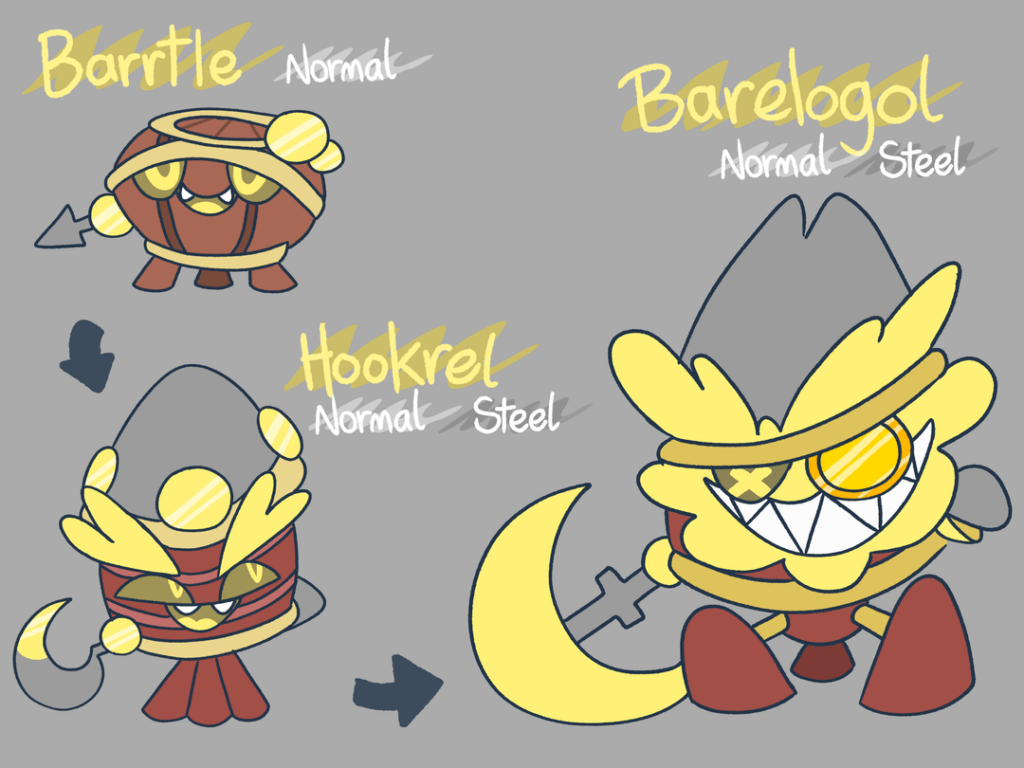 Meet Barrtle, Hookrel, and Barelogol! Based on Barrels! ( Object Fakemon )