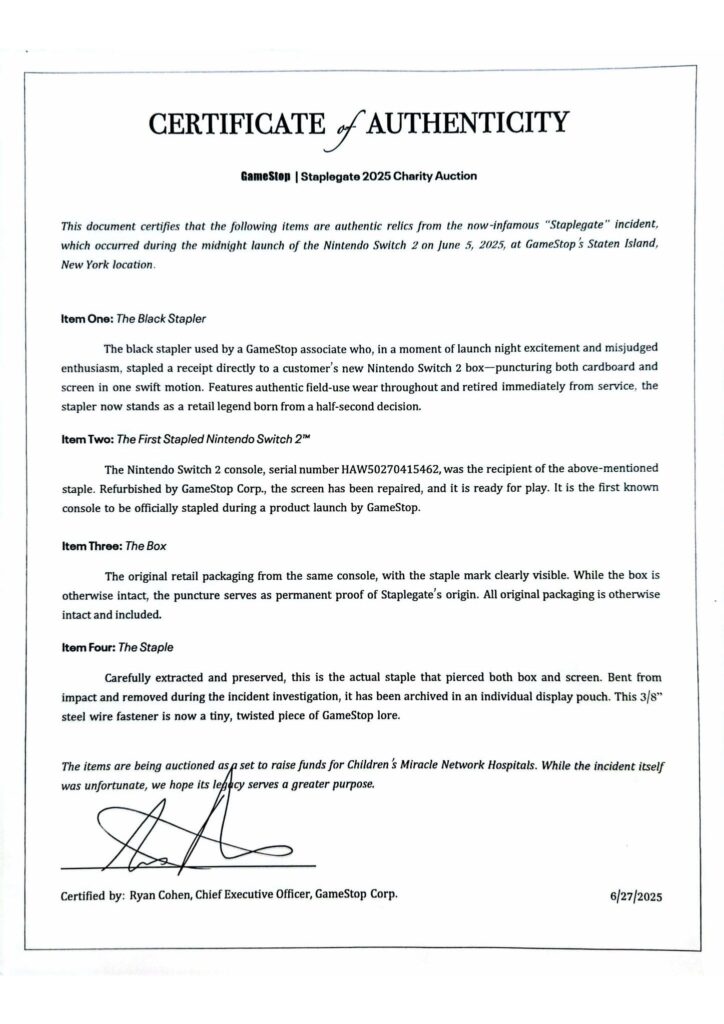 [Gamestop] “The infamous Switch 2 Stapler is now available for auction. Proceeds benefit Children’s Miracle Network Hospitals.”