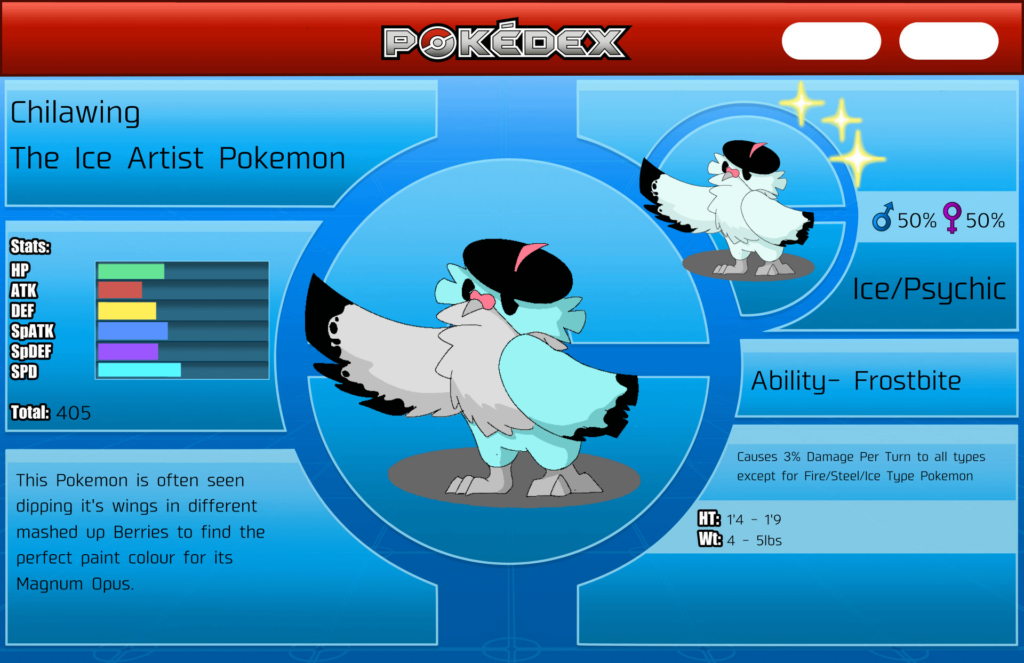 This is the first proper fakemon I've ever done, introducing Chilawing!