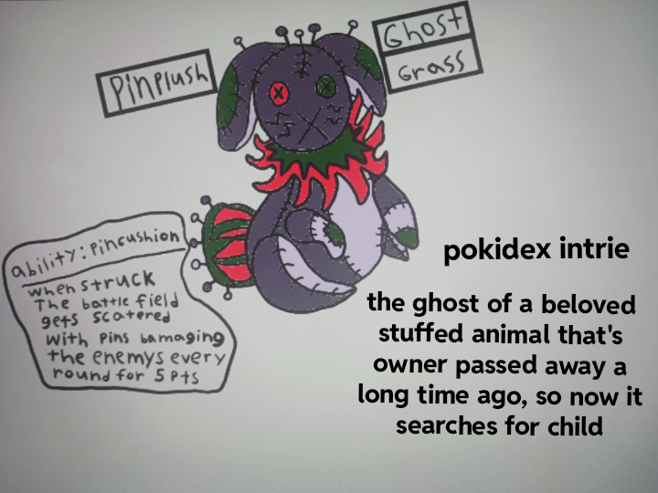 I got bored so I made a fakemon baised off a stuffed bunny and a pincushion