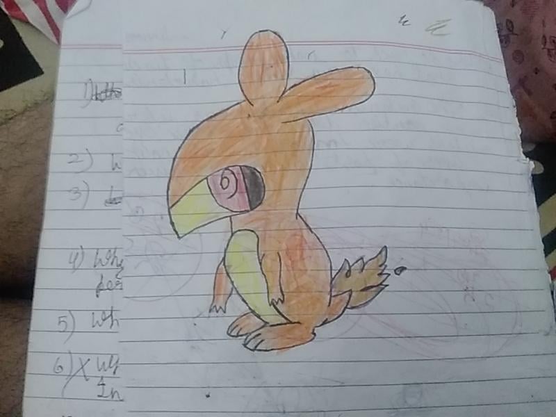 (A 3 year old colored this) Meet my fakemon region's fire starter! HOPSCORCH!