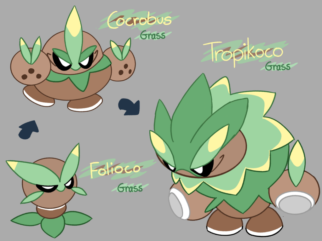 Meet Folioco, Cocrobus, and Tropikoco! Based on Coconuts! ( Object Fakemon )