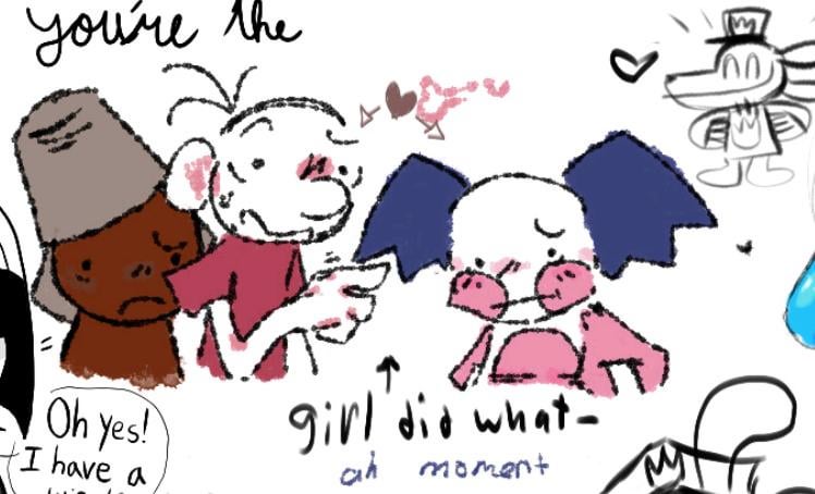 A lil crossover doodle I made in an artjam I hosted days ago(plus a dogman doodle drawn by my mutual hehe)