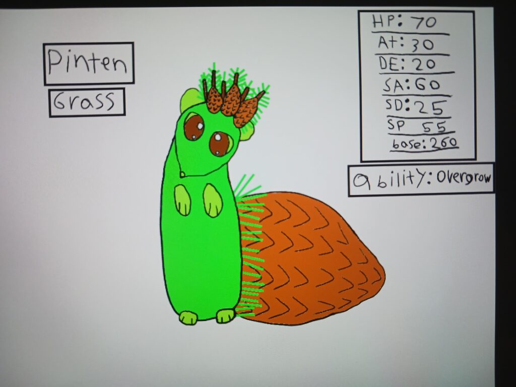 The first stage of my grass type fakemon starter baised off the European pine martens and pine trees, how did I do