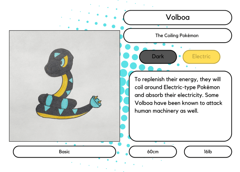 I noticed my Region didn't have any Dark types yet so I made these electric snake guys. They are based off of electrical cables and coils.