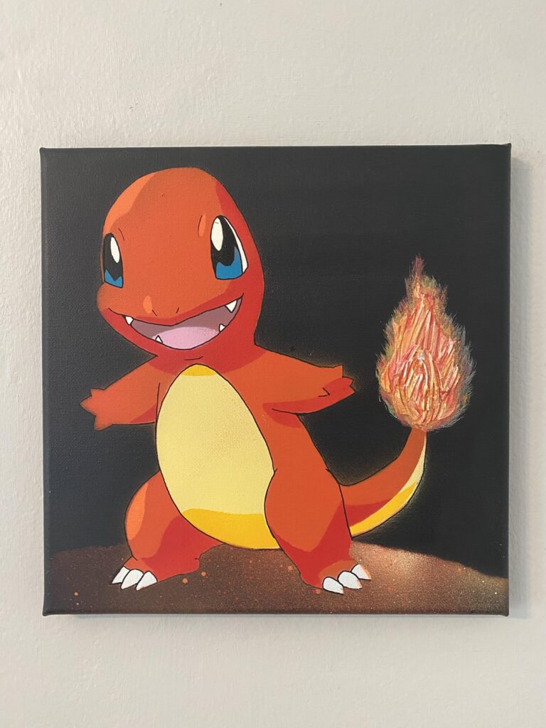 Textured Charmander evolution paintings made with spraypaint and acrylics