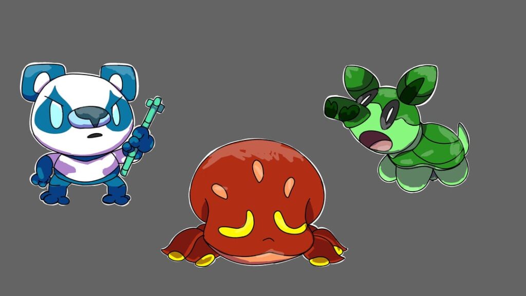 Minecraft Based Starters (remake) (i’ve changed the water starter) (now it’s a panda with a bambu trident)