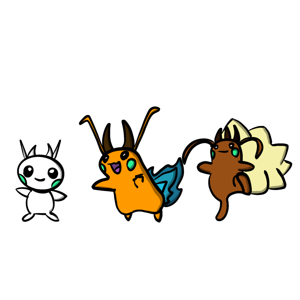 [OC] I drew convergent forms of the Pikachu line as termites (since they produce Hydrogen)