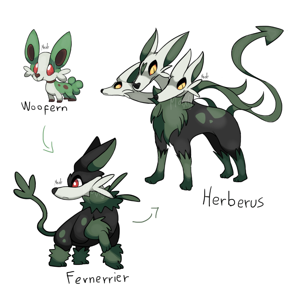 Woofern, the Dog Pokemon - Fernerrier, the Bandit Pokemon - Herberus, the Triple Dare Pokemon