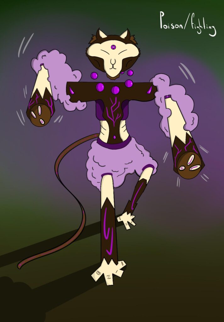 My last fakemon’s advanced version its name is zenkuro and its a toxic monkey/cat monk pokemon lives in deep forests