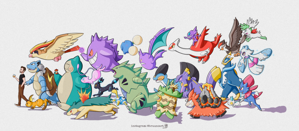 I'm drawing myself with my six favorite pokémon from every generation! Just finished the fourth one!