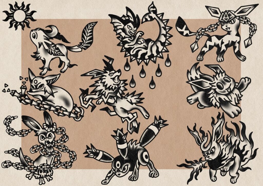 Eevee evolutions I drew up for my tattoo apprenticeship 😁🩸