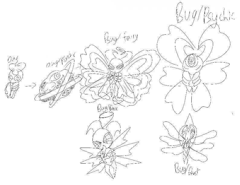 I made an early route bug concept with an unconventional evolutionary line.