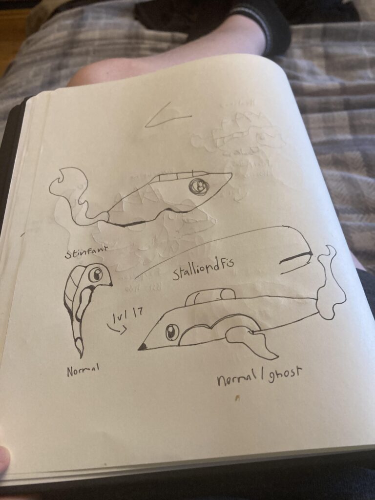 Drew fakemon that I saw in my dream lol (also should I add another evolution? It wasn’t in the dream but it looks really lame and incomplete)