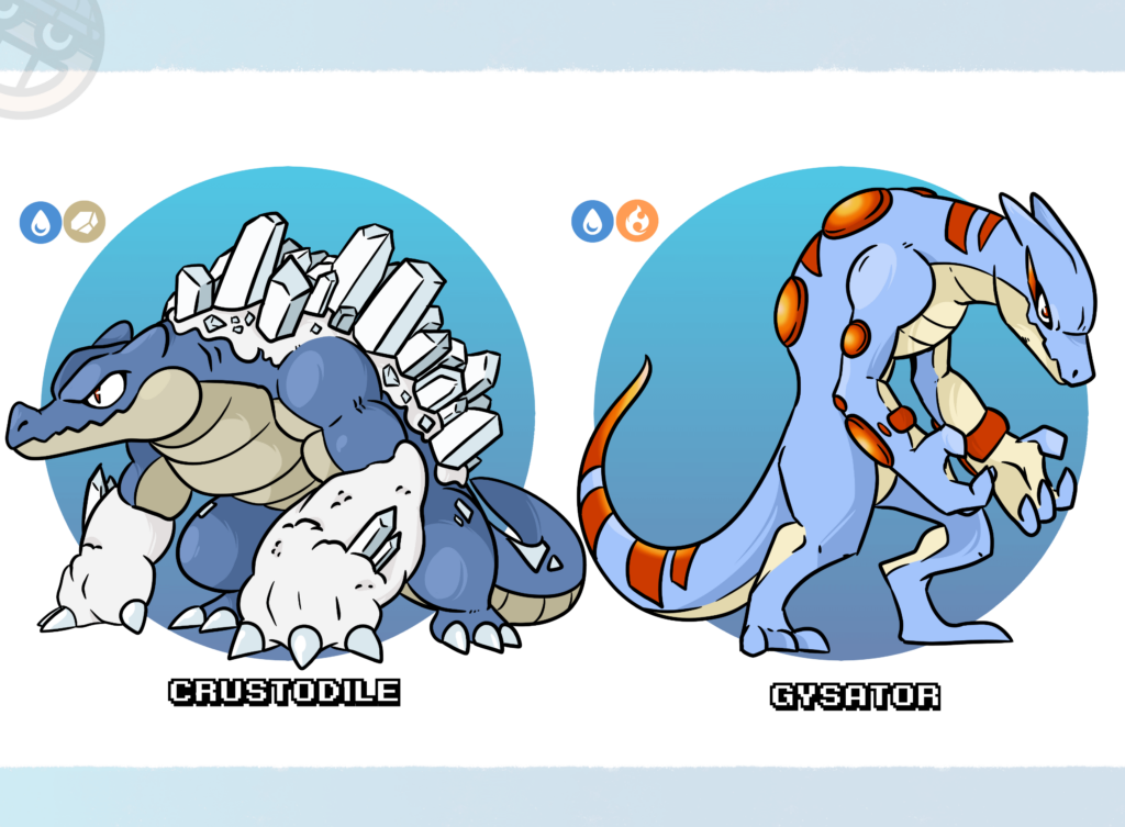 Fakemon based on saltwater and freshwater crocs. Info down below!