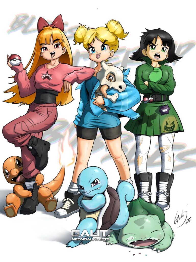 (OC) The Powerpuff girls x Kanto Starters fanart drawing
