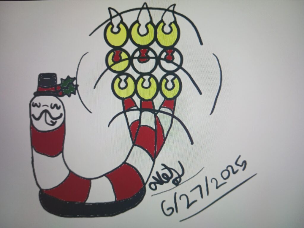 I drew my scarf snake without it's snowman hiding spot, I tried making it look like it was shaking it's tail so forgive me if it's weird, and I gave it it's snowman hat to be cute