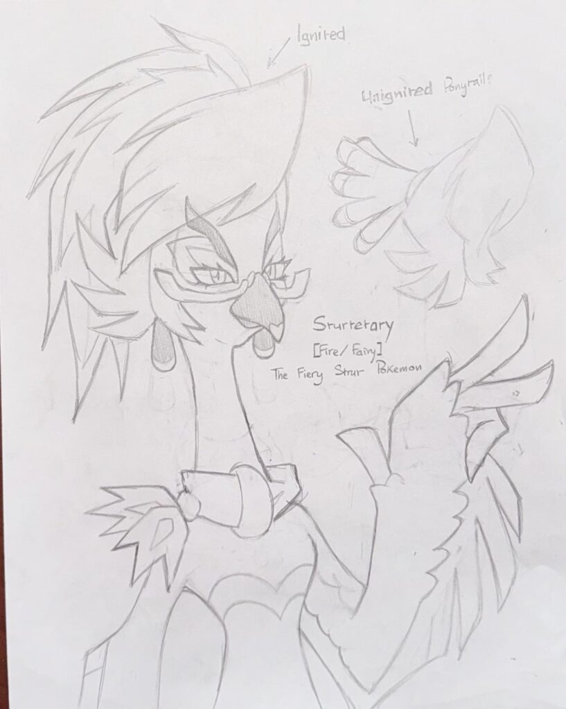Criticism needed. Here's my concept sketch for my Fire Starter based on Secretary Birds. First and Middle Stages on the second slide. Does it look like it evolved from them?