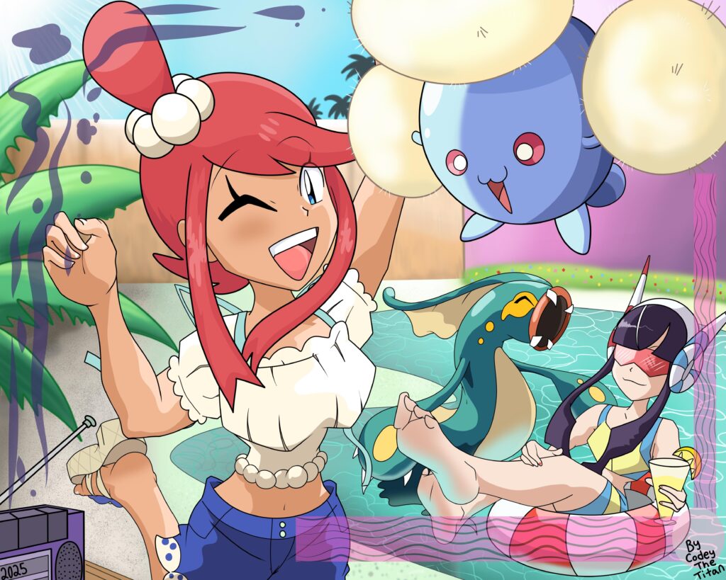 Here’s my latest Pokemon Fan Art. Skyla and her Jumpluff are having a Summer Pool Party and invited a couple friends.