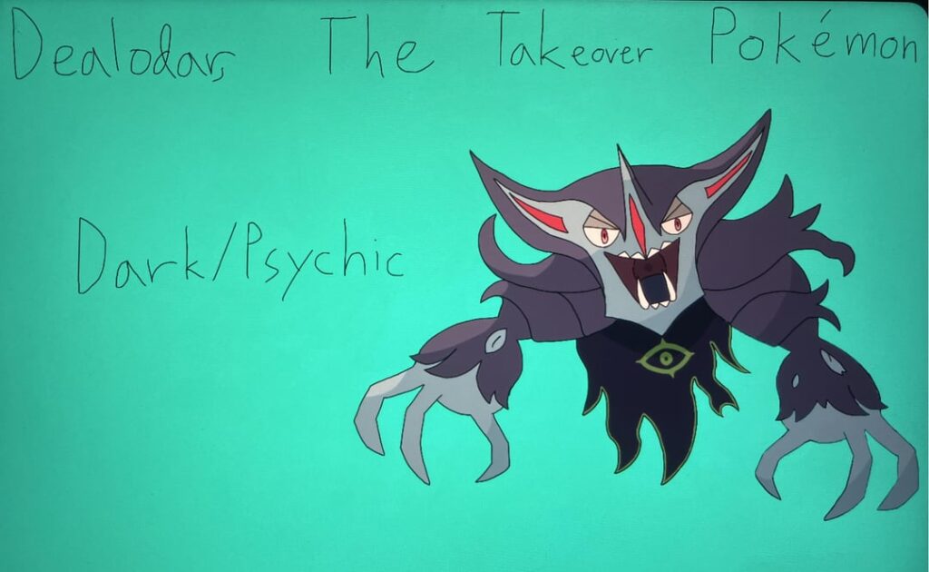 Day 3 of making fakemon based on my other Reddit communities, this is Dealodar, the Takeover Pokémon! (plus full art of references and evolutionary line)