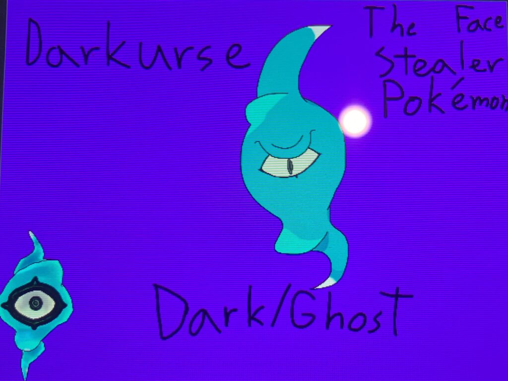 Day 1 of drawing fakemon based on my other Reddit communities, this is Darkurse, the Face Stealer Pokémon!