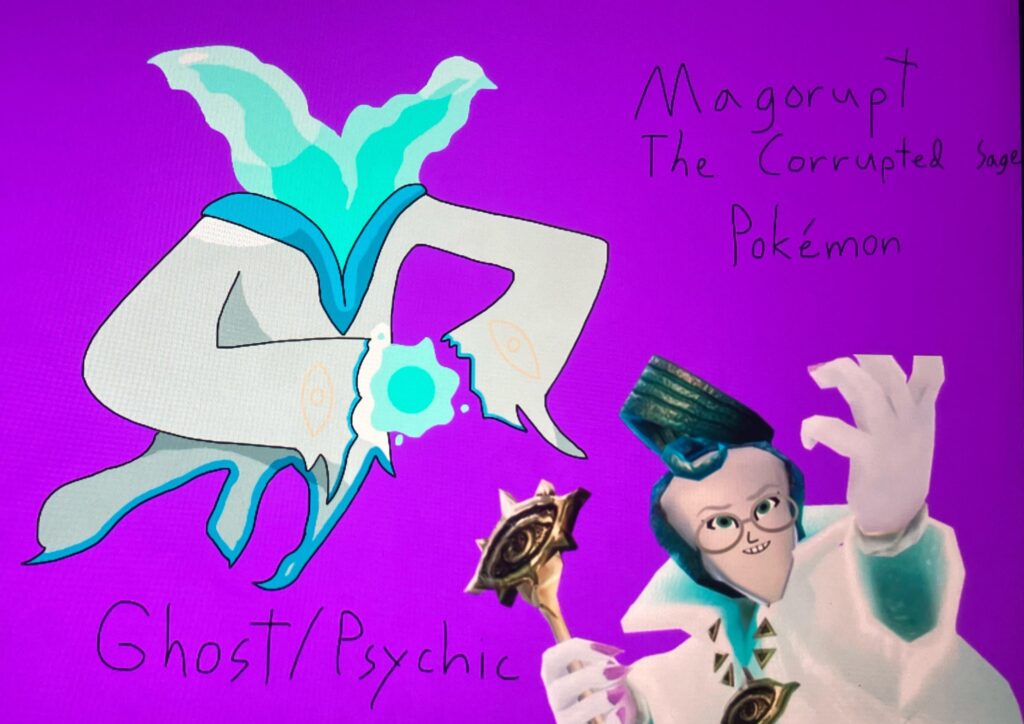 Came back from vacation, so it’s time for day 5 of making fakemon based on my other Reddit communities. This is Magorupt, the Corrupted Sage Pokémon!