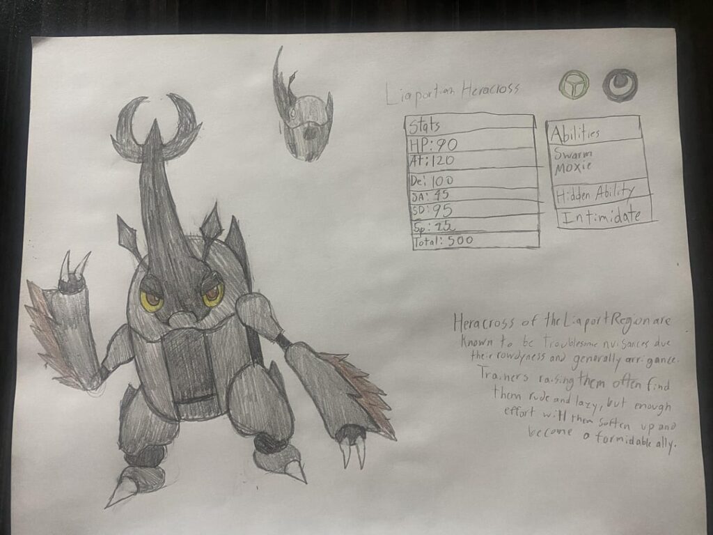 Liaportian Heracross and its evolution: Herculeon, The Guardian Beetle Pokémon. (Bug/Dark)