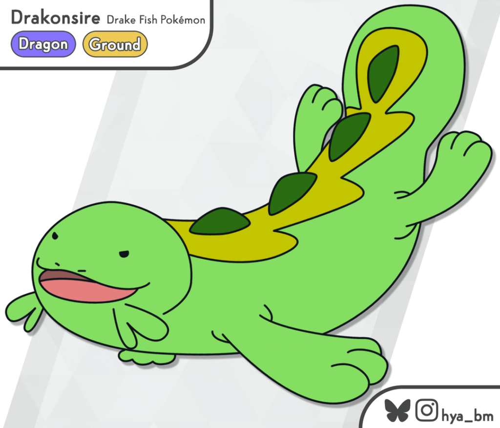 [oc] My dragon type Wooper evolves into a new pokémon: Drakonsire!