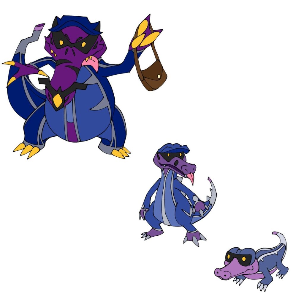 Color sketches of a regional form of Sandile,Krokorok and Krookodile (poison,dark)