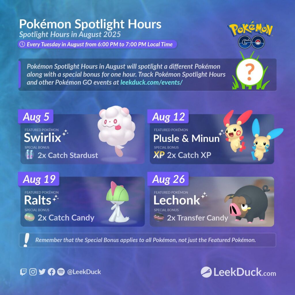 August Spotlight Hours (LeekDuck)