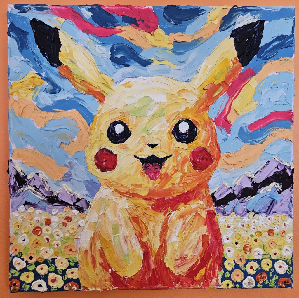 I painted Pikachu! Acrylic on stretched canvas. 14" x 14".