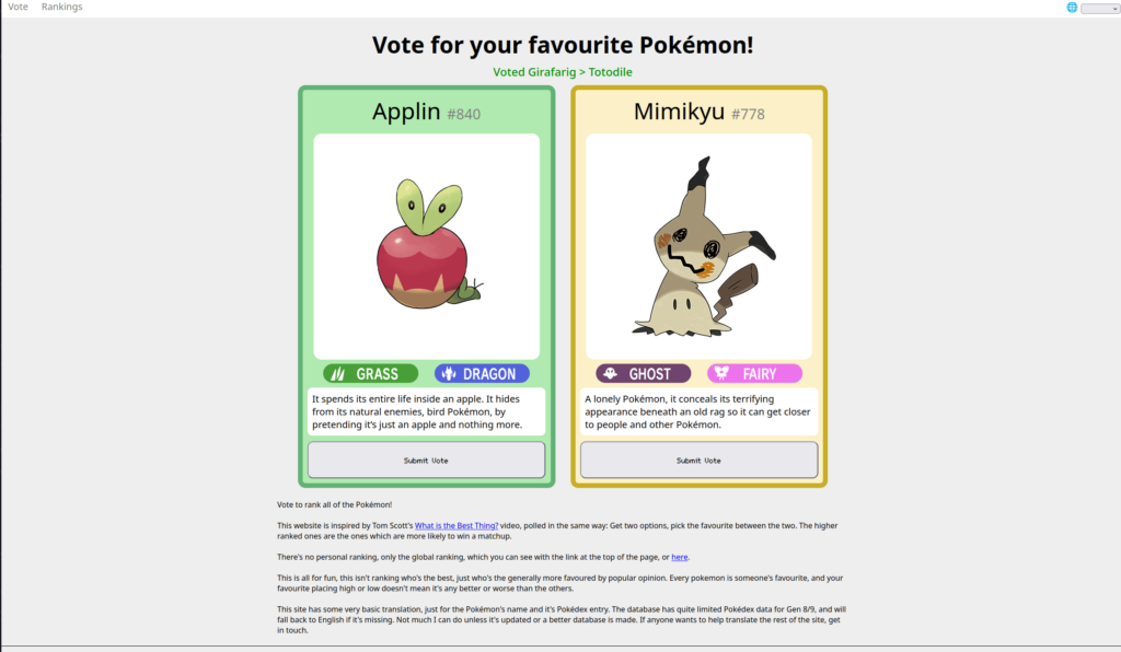 I made a site which lets you vote on your favourite Pokémon and ranks them on who's favourite!
