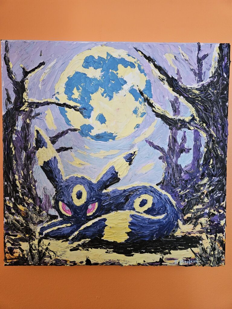 Umbreon in a dark forest. Acrylic on canvas 14" x 14".