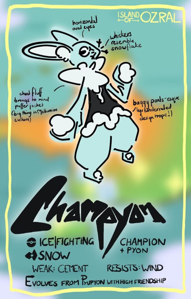 Champyon, the mascot of my monster tamer concept, plus an explanation of the concept’s types