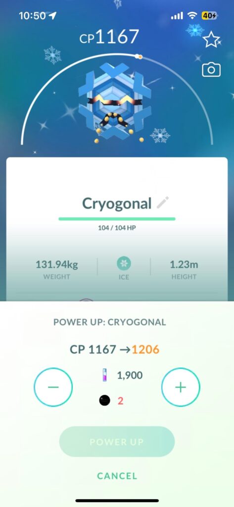 Can’t power up this shiny Cryogonal I caught.