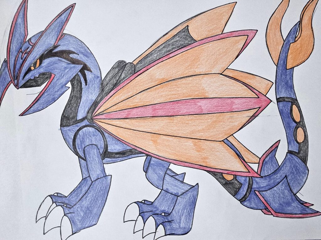 Delta species rayquaza. Types: unknown. Subject seems to have more then 2 and only one of those types is known. This pokemon seems to live in high caves unlike regular rayquaza and does not respond well to trespassers. It can fire lasers from its wings so trainers beware.