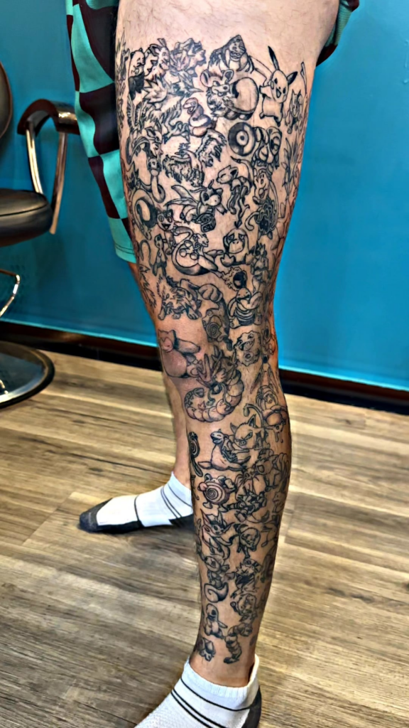 Pokémon leg tattoo