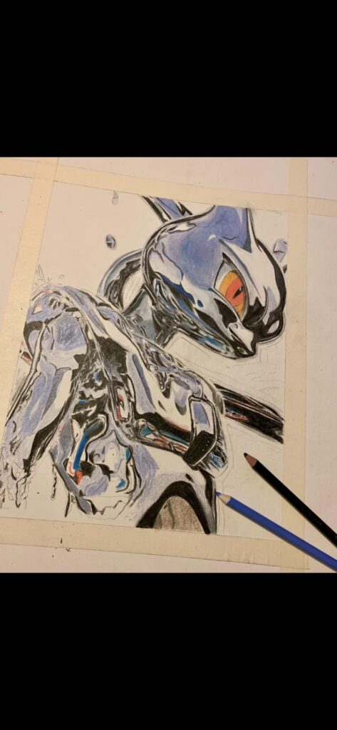 Colored pencil chrome Mewtwo drawing