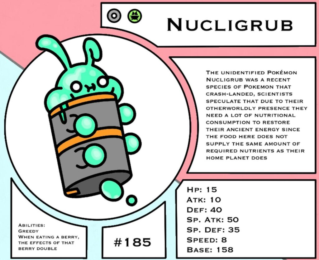 Probably my first Fakemon in this Reddit, HERES NUCLIGRUB and its two other evolutions (it’s a 3 stage yes) theme: Alienlike