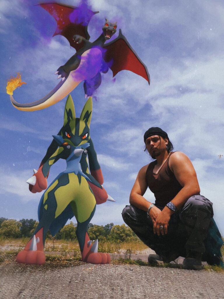 Grown man taking photos with his Pokemon part ???