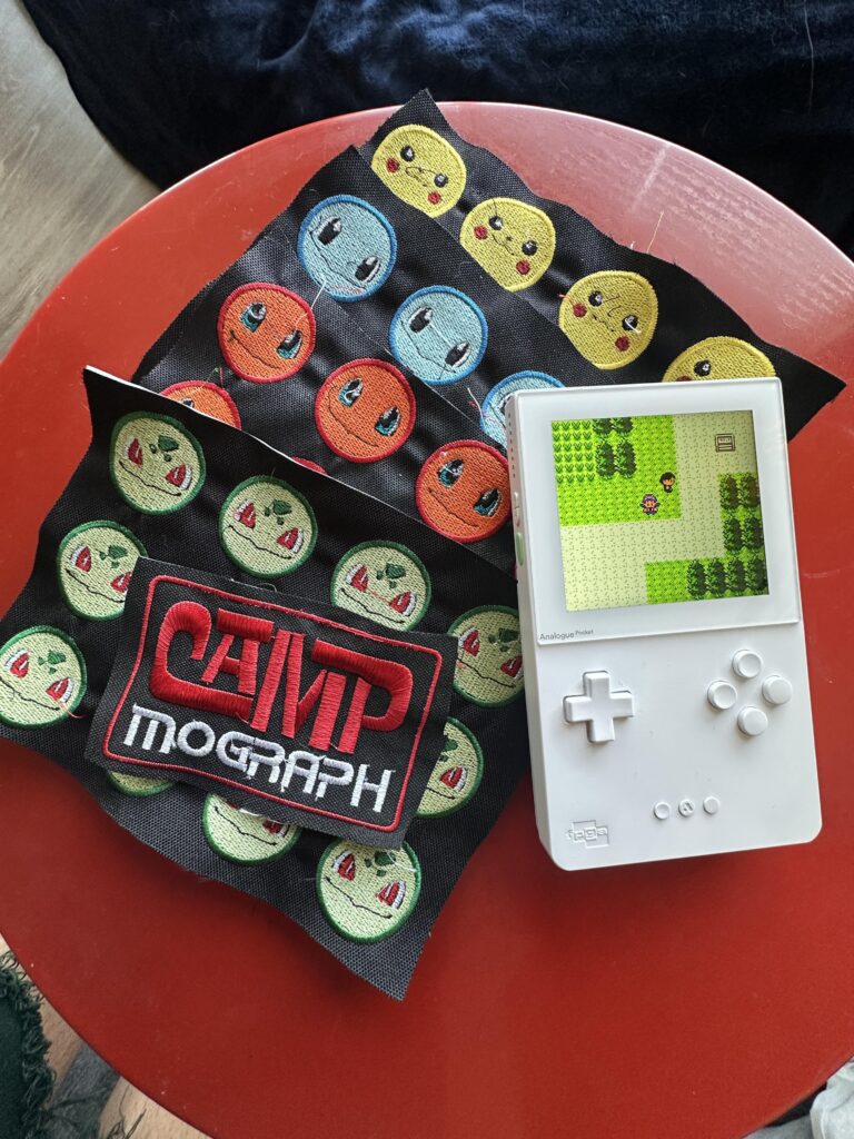 Teaching an embroidery workshop at a camp themed conference, so I made merit badges of the Kanto starters.