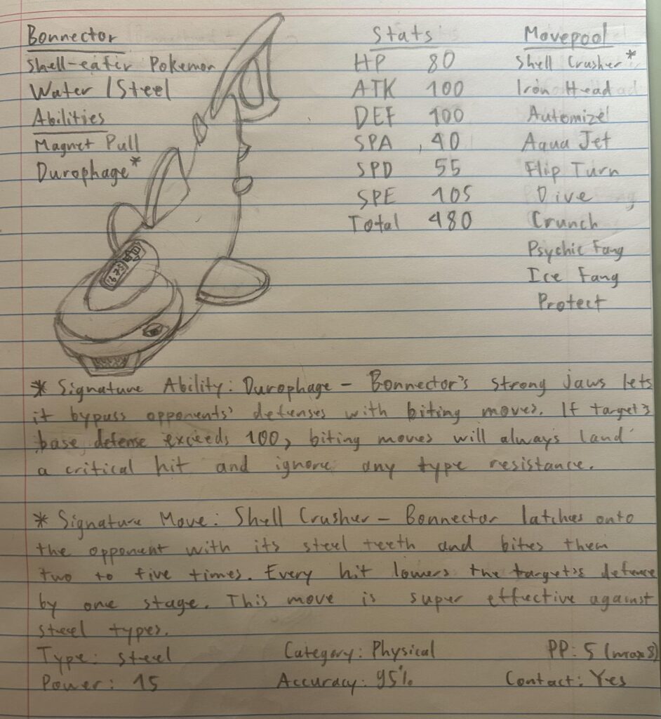 My first fakemon! Bonnector, a water/steel pokemon inspired by bonnethead sharks and metal detectors.