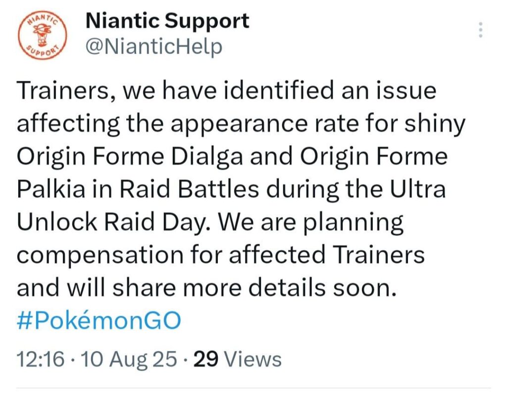 Compensation for issue on shiny rate on OF Dialga and OF Palkia raids confirmed