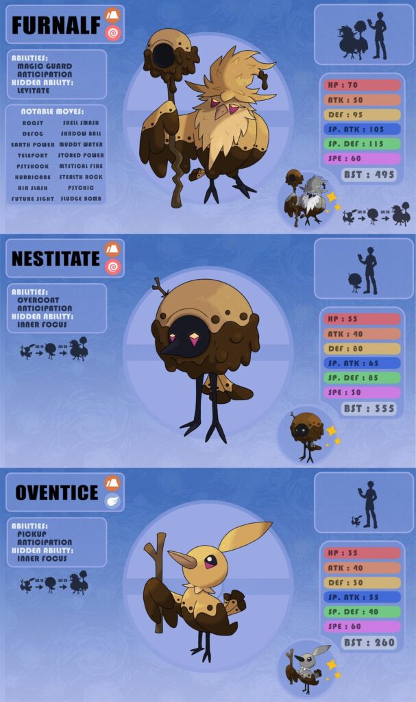 My first digital drawn fakemon! Route 1 bird based on a Rufous Hornero (national bird of Argentina). Swipe to see full images + shinies !