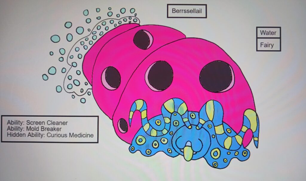 I just discovered the blue berry snail and I hade to make it a fakemon, I combined it with a carpet cleaner since they're used to clean tanks, how did I do